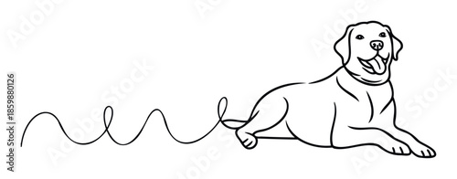Minimalist black line depiction of a friendly Labrador Retriever dog comfortably lying with a continuous wavy line extending, excellent for pet care services, veterinary branding, or