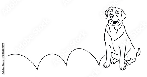 Black outline drawing of a friendly Labrador dog sitting with a cheerful expression and bouncy lines, ideal for use in pet care promotional materials or educational publications