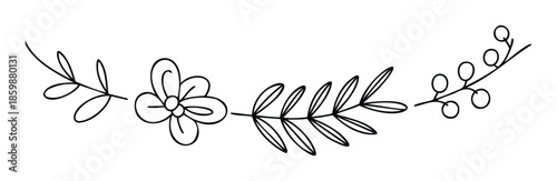 Simple hand drawn botanical ornament featuring a flower, leaves, and berries, ideal for creating decorative borders, page dividers, or charming embellishments on invitations and graphic