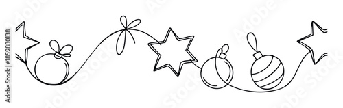 Minimalist black line art depicting a charming Christmas garland with stars and baubles, perfect for seasonal website headers or festive branding