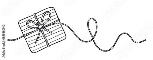 Hand drawn outline of a wrapped gift box with a bow and long trailing string, perfect for holiday greetings, birthday wishes, or special event invitations