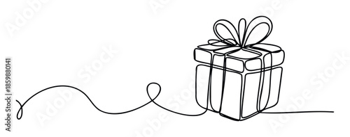 A simple continuous black line drawing of a wrapped gift box with a bow is perfect for holiday greetings, birthday announcements, or special event promotions on various digital and print