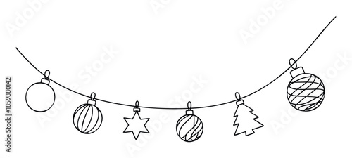 Simple line drawing of festive Christmas tree ornaments hanging on a string, perfect for holiday greetings, winter season invitations, or celebratory event decorations.
