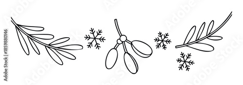 Simple line drawings featuring festive winter holiday elements like a fir branch, mistletoe with berries, and delicate snowflakes, ideal for seasonal graphic projects and celebration