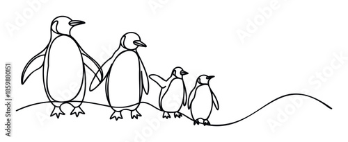 A delightful continuous line drawing depicting a charming penguin family walking together, perfect for various creative projects, naturethemed designs, and educational content.