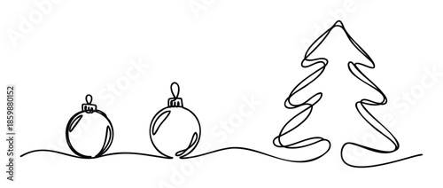 Continuous line drawing of two festive Christmas baubles and a stylized holiday tree, perfect for winter season promotions, greeting decorations, and seasonal media projects.