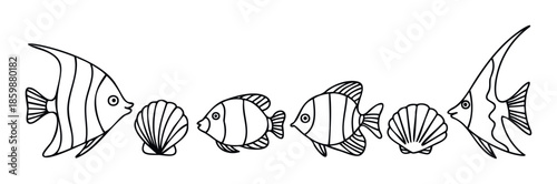 Hand drawn outline sea creatures including exotic fish and scallop shells arranged in a whimsical row, perfect for aquatic themed decor, childrens coloring pages, or charming graphic