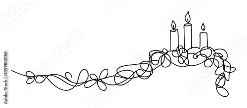 Minimalist line drawing of three burning candles intertwined with a decorative continuous garland perfect for holiday greetings and festive event invitations