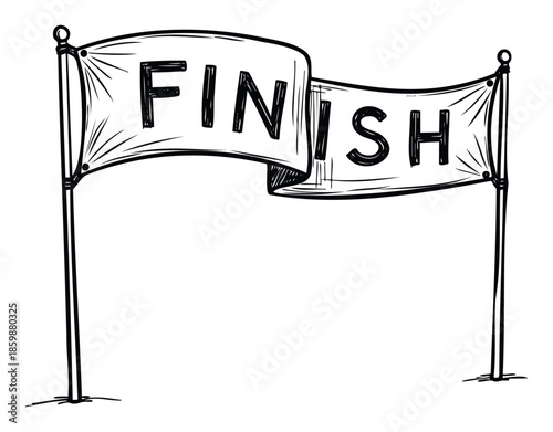 Hand drawn finish line banner with the word FINISH between two vertical poles, symbolizing completion and achievement for sports, business, or motivational projects