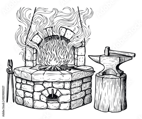 Traditional blacksmiths forge with a roaring fire and essential tools like an anvil and hammer, perfect for showcasing historical craftsmanship and metalworking industry themes.