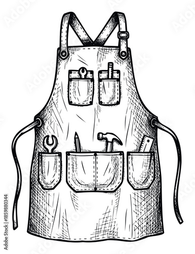 Durable work apron equipped with essential tools like wrench, hammer, pencil, and ruler, perfect for artisans, carpenters, and DIY projects, useful for vocational training and industry