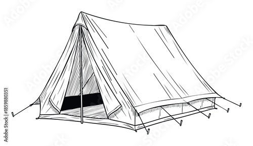 Classic Aframe camping tent sketch perfect for outdoor adventure guides wilderness travel brochures or summer camp promotional materials highlighting exploration and nature activities