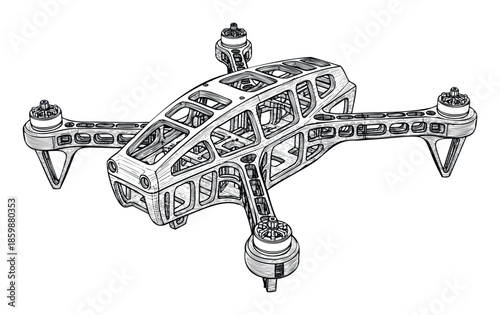 Technical blueprint style drawing of a sophisticated quadcopter drone revealing its intricate structural design ideal for aerospace industry brochures or science and technology educational