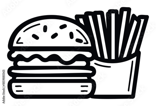 Delicious classic hamburger and crispy french fries black and white line drawing ideal for restaurant menus, food packaging, or quick service dining promotions