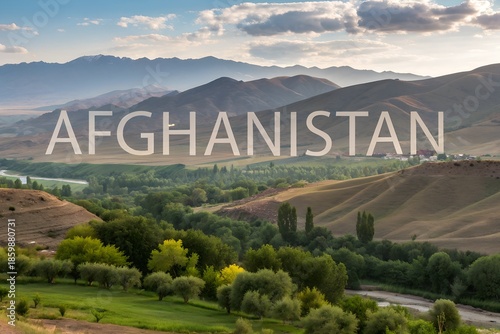 Afghanistan scenic landscape nature travel tourism destination Asia vacation advertising promotion mountains valleys deserts text Afghanistan travel elements journey adventure marketing poster concept