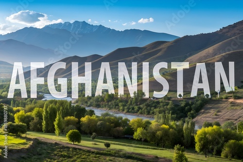 Afghanistan nature landscape travel tourism destination Asia vacation advertising promotion scenic mountains valleys rivers text Afghanistan travel items journey adventure marketing poster concept ads