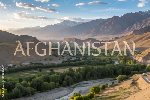Afghan landscape nature travel tourism destination Asia vacation advertising promotion scenic countryside mountains deserts text Afghanistan travel objects journey adventure marketing poster concept