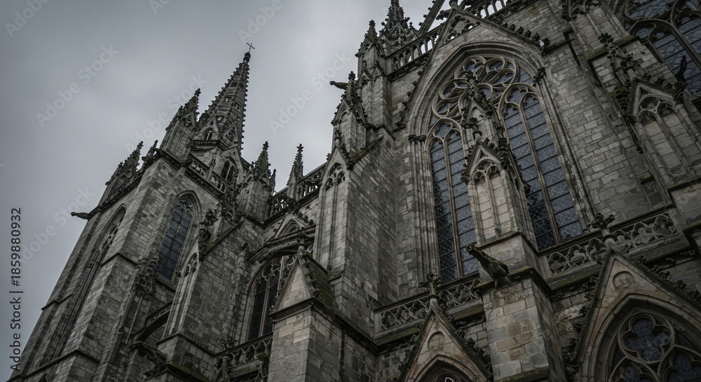 Fototapeta premium Dramatic Gothic Cathedral Architecture in France – Stunning Stone Exterior & Religious Landmarks Photography