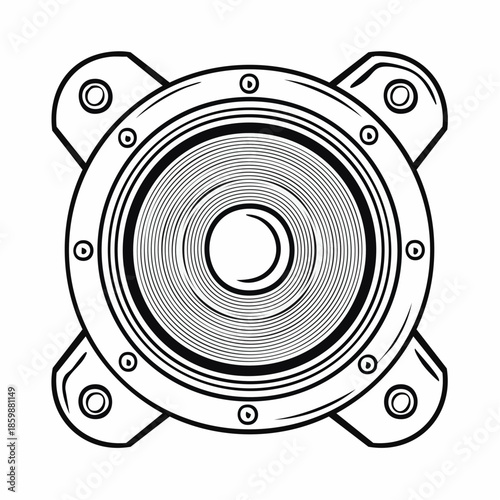 Detailed illustration of a loudspeaker viewed from the front showcasing its circular design and mounting brackets