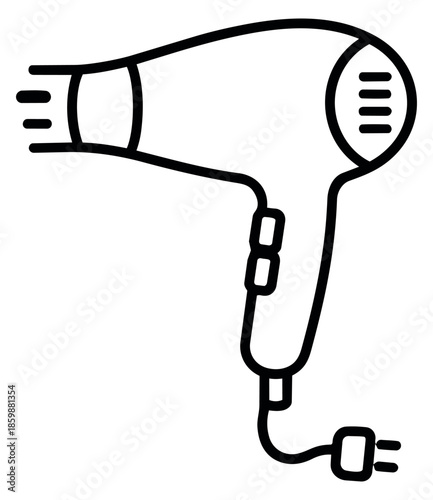 Line art illustration of a hair dryer depicting a personal grooming appliance for hair care