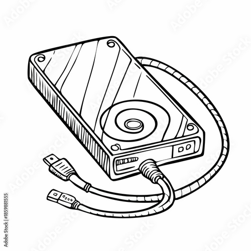 External hard drive illustration with cables connected to it on a white background