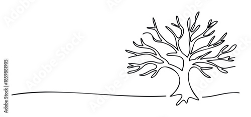 A single continuous line drawing capturing the elegant silhouette of a bare minimalist tree without leaves, suitable for contemporary graphic design projects, ecofriendly branding, or