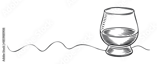 A hand drawn sketch of a whisky tasting glass with liquid and a decorative wavy line perfect for beverage menus, distillery advertisements, or drink review platforms