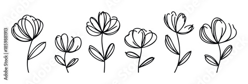 Minimalist outline botanical blossoms with stems and leaves offer a subtle natural touch for various graphic applications like greeting cards or textile prints.