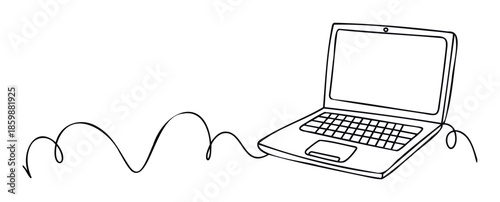 Black and white continuous line drawing of a modern laptop computer connected by an abstract winding cable, perfect for technology concepts and digital communication resources.