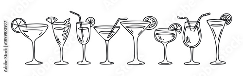 A vibrant collection of outlined drink glasses with various shapes, straws, and citrus garnishes perfect for beverage menus, party invitations, or summer event promotions