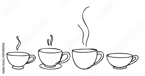 Hand drawn outline of hot coffee or tea cups showing varying levels of steam perfect for caf promotions, kitchen themed decorations, or beverage related content.