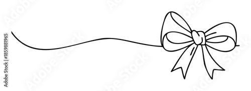 A black outline drawing of a decorative gift bow with a flowing ribbon accent provides a simple and elegant graphic for holiday packaging, celebration stationery, or minimalist brand