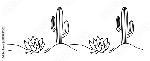 Simple line drawing of desert landscape with saguaro cacti and succulent plants on rolling hills suitable for minimalist decoration or botanical themed graphic projects
