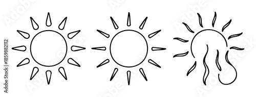 Collection of diverse sun icons presenting different styles of light and warmth, perfect for weather applications, summer season graphics, or outdoor activity indicators