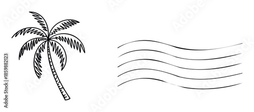 A simple line drawing of a tropical palm tree with wavy lines representing wind, perfect for summer vacation themed promotions and travel agency advertisements