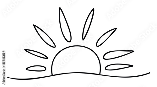 Minimalist black outline depiction of a radiant sun rising above the horizon with stylized rays, suitable for educational resources, weather iconography, or simple graphic projects.