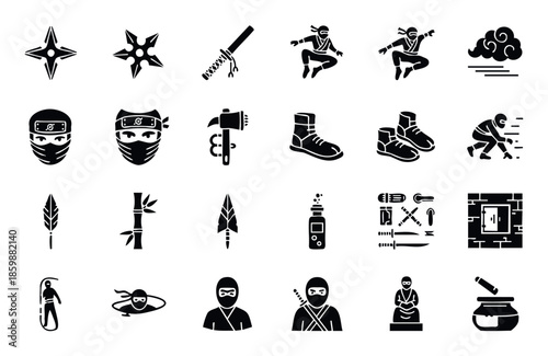 A comprehensive collection of ninja icons and symbols for martial arts themed graphics, game development, and educational resources