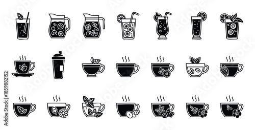 A collection of refreshing hot and cold drink icons perfect for cafe menus, healthy beverage advertisements, and summer drink promotions