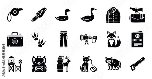 Comprehensive collection of hunting and outdoor activity glyph icons for various applications including survival guides wilderness exploration and wildlife observation projects
