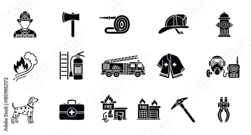 Comprehensive collection of firefighting equipment, uniform, and rescue tools icons for emergency service education, safety training materials, and public awareness programs