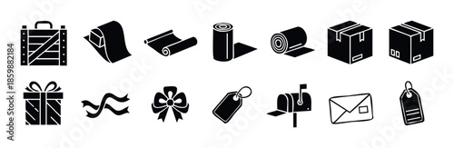 Essential collection of delivery and gift packaging icons including shipping boxes, mail envelopes, wrapped items, and decorative bows, perfect for logistics, ecommerce, and holiday