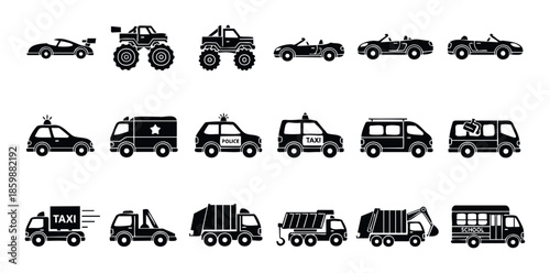 A comprehensive collection of different vehicle types including cars, trucks, buses, and public service vehicles, perfect for transportation related projects and educational materials