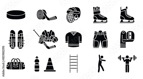 A comprehensive collection of ice hockey equipment and essential training tools presented as graphic icons, perfect for sportsrelated brochures, online content, and game development