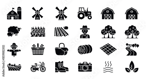 Diverse array of farming and rural life glyphs showcasing agricultural buildings, machinery, livestock, crops, and natural landscapes ideal for modern web icons, app interfaces, and print