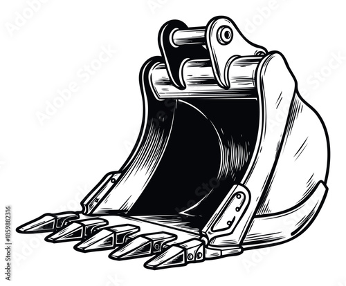A striking black and white woodcut style rendering of an excavator bucket, complete with digging teeth, suitable for projects related to construction, heavy machinery, and industrial