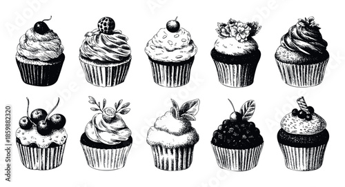 Collection of hand drawn cupcakes with various sweet toppings perfect for bakery menu presentations recipe book decorations or sweet treat marketing materials