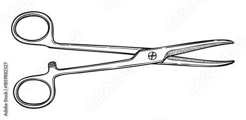 A precisely rendered line drawing of open surgical scissors, ideal for medical training materials, hospital equipment graphics, and professional healthcare industry presentations or