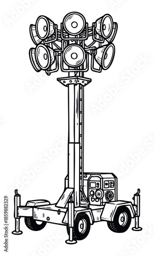 Mobile floodlight tower equipment providing powerful temporary illumination for construction sites, outdoor events, and work areas, enhancing visibility and safety.