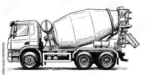 Detailed hand drawn sketch of a cement mixer truck, also known as a concrete truck, representing heavy machinery and construction vehicles for building industry projects and engineering