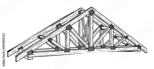 Detailed line drawing of a traditional wooden roof truss system, showcasing classic timber framing and structural elements for architectural projects and engineering schematics